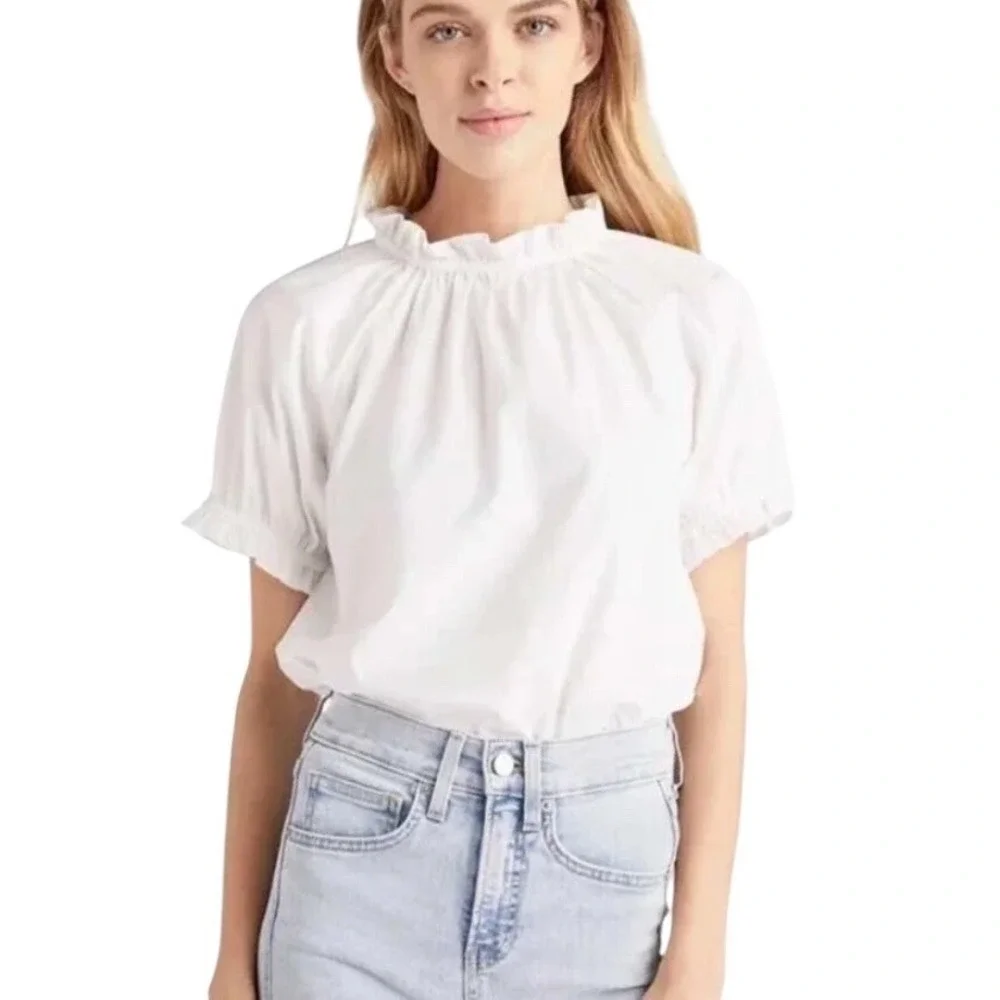 Hill House Home The Kit Top Size XS White Excellent Ruffle Neck Puff Sleeve